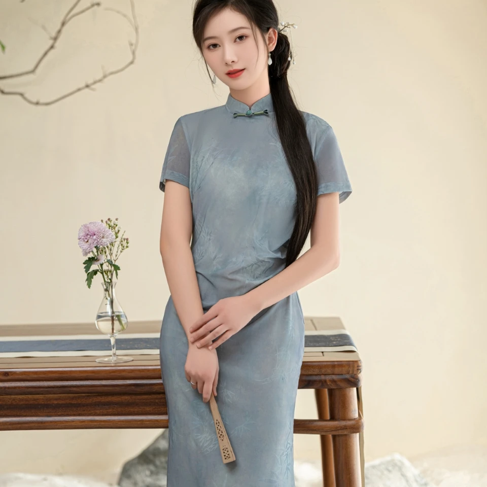 中式改良旗袍复古日常年轻暗纹连衣裙新款短袖2025夏季少女款国潮