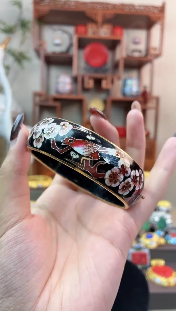 非遗手工景泰蓝开口银蓝镯子黑色