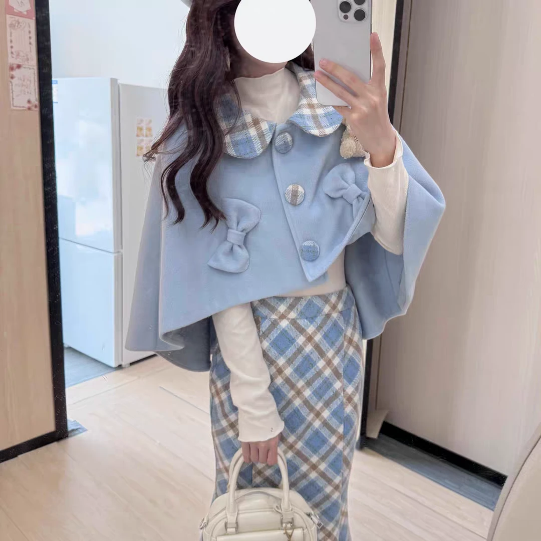 秋冬千金感甜美斗篷披肩外套格纹鱼尾半身裙