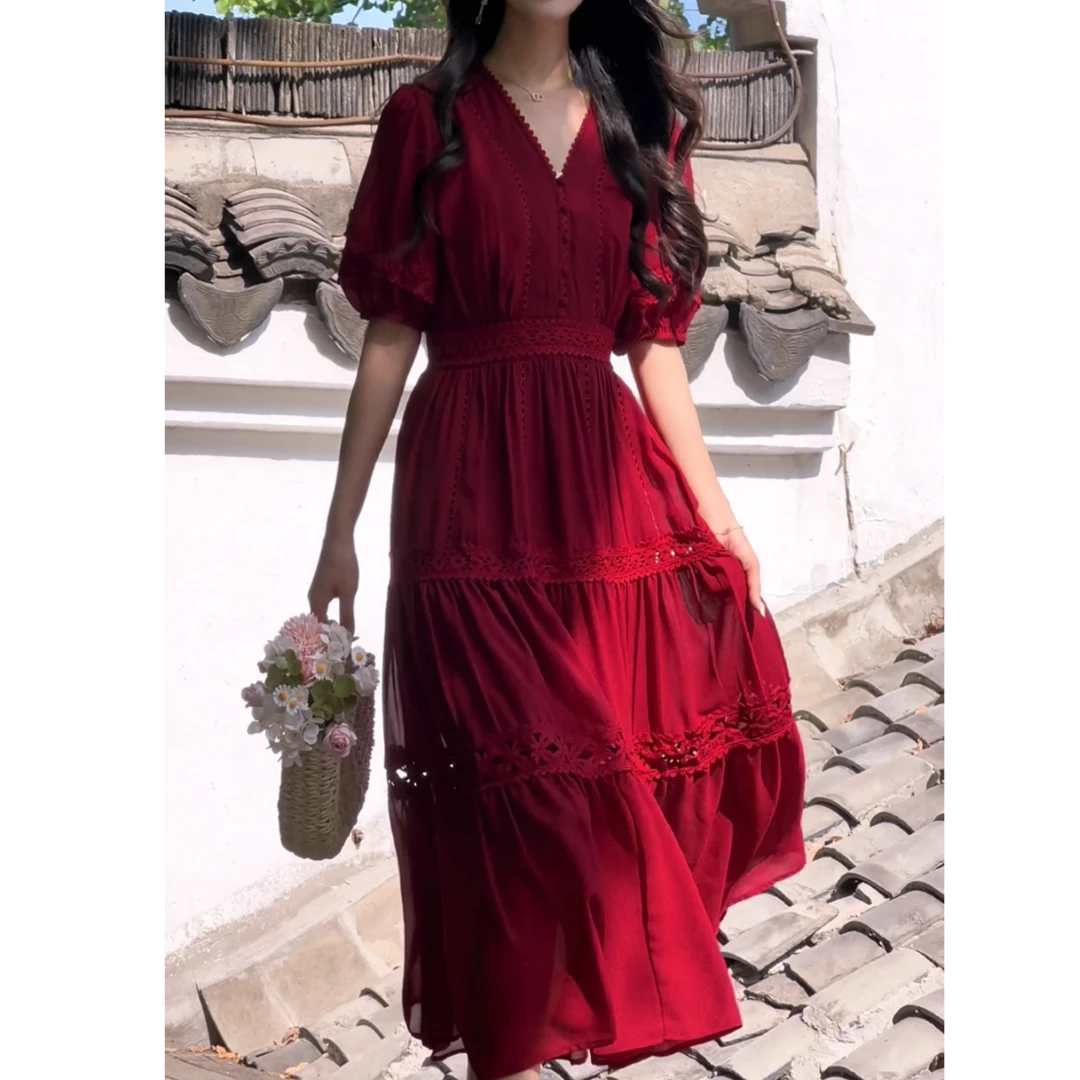 【朱砂痣】高级感气质收腰显瘦气质仙女温柔风连衣裙红色(芒妮）