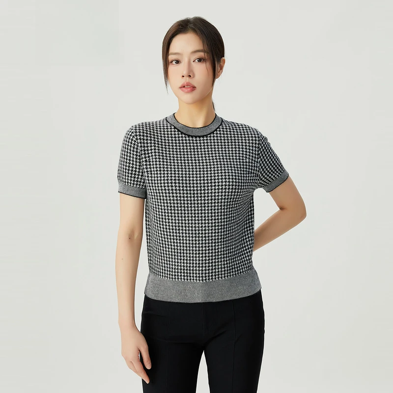 哥弟新款山羊绒经典千鸟格套头圆领短袖图案提花针织衫1399676