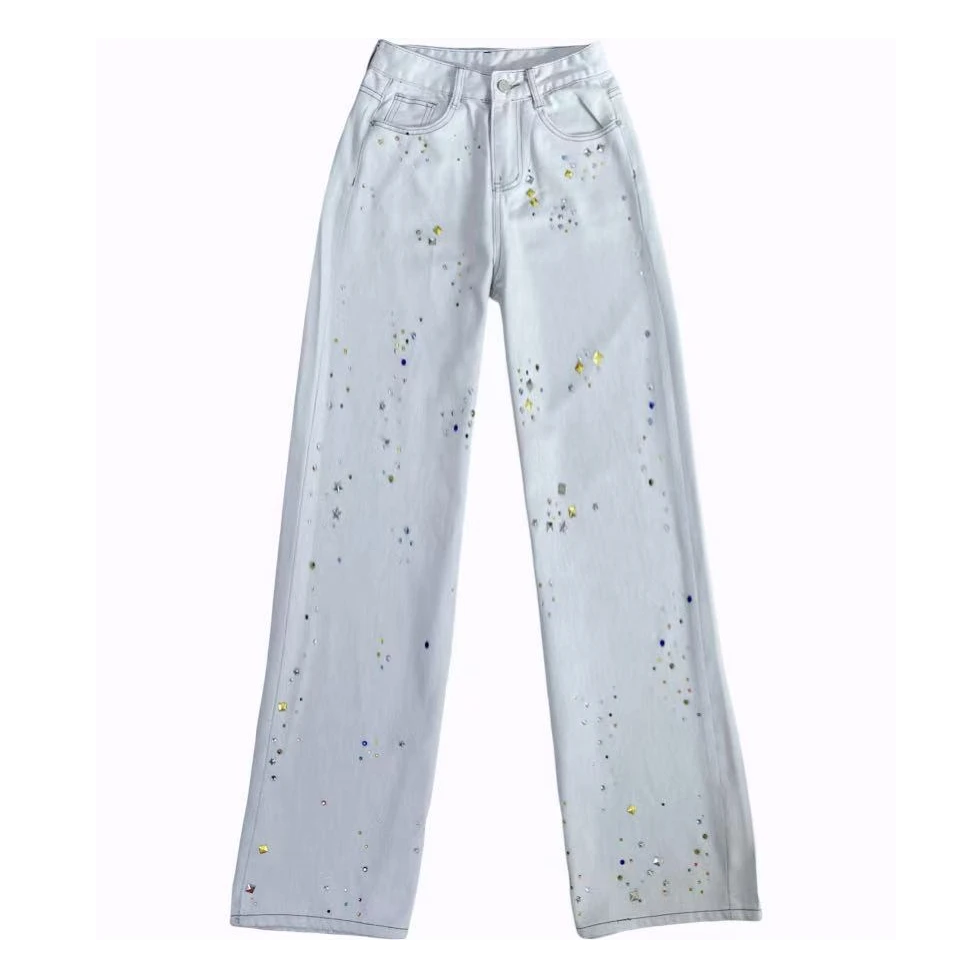 【漫老板】9621高品 定制 拉风炫彩烫钻浅色阔腿裤