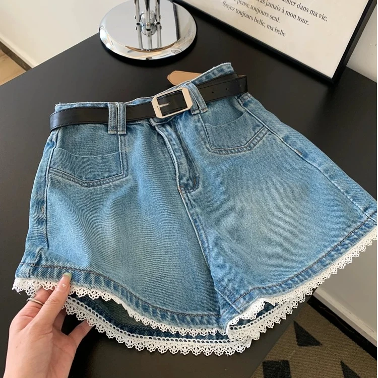 大码胖MM200斤定制复古蕾丝拼接牛仔短裤女高腰2025新夏季A字热裤
