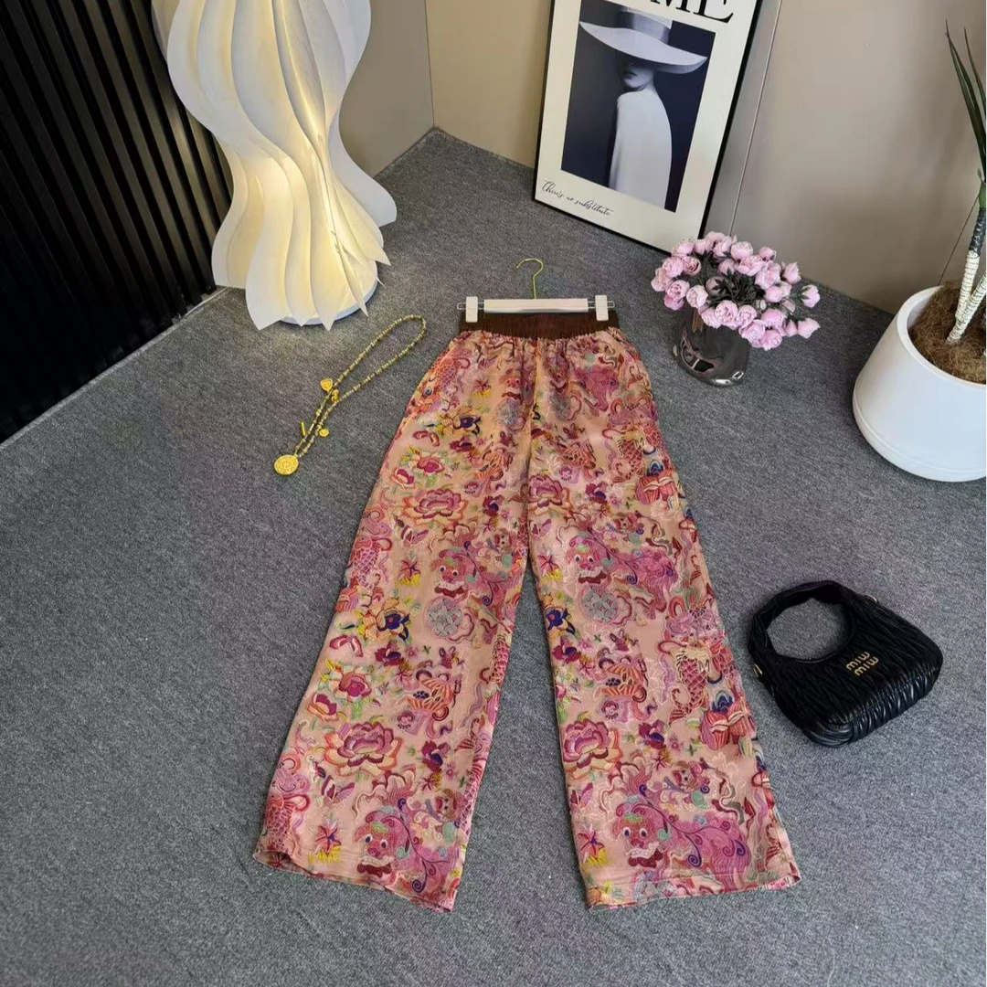 新中式百搭早春新款提花人丝休闲阔腿裤