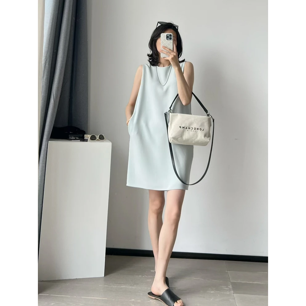 夏季新款无袖圆领醋酸女式连衣裙25DAK0635