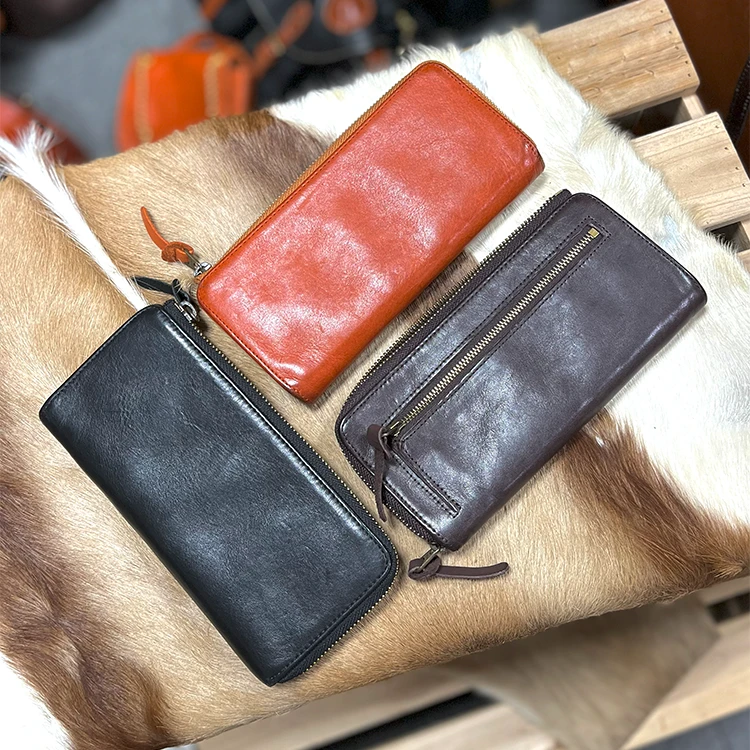转山头层牛皮水染植鞣真皮小众复古钱包皮夹子简约长款