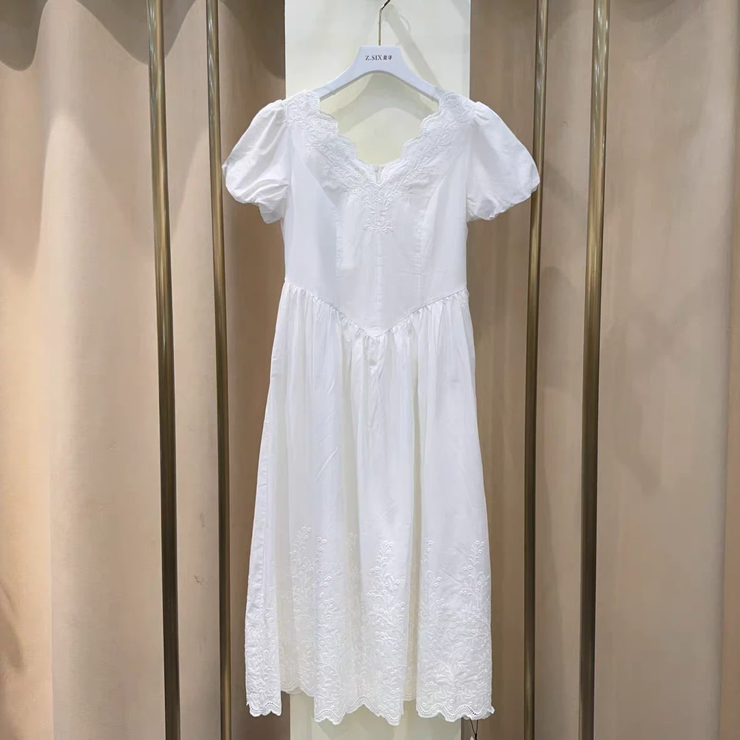 麦寻夏季QLLFS17A白色连衣裙飞袖系带高腰中长裙棉麻舒适气质款