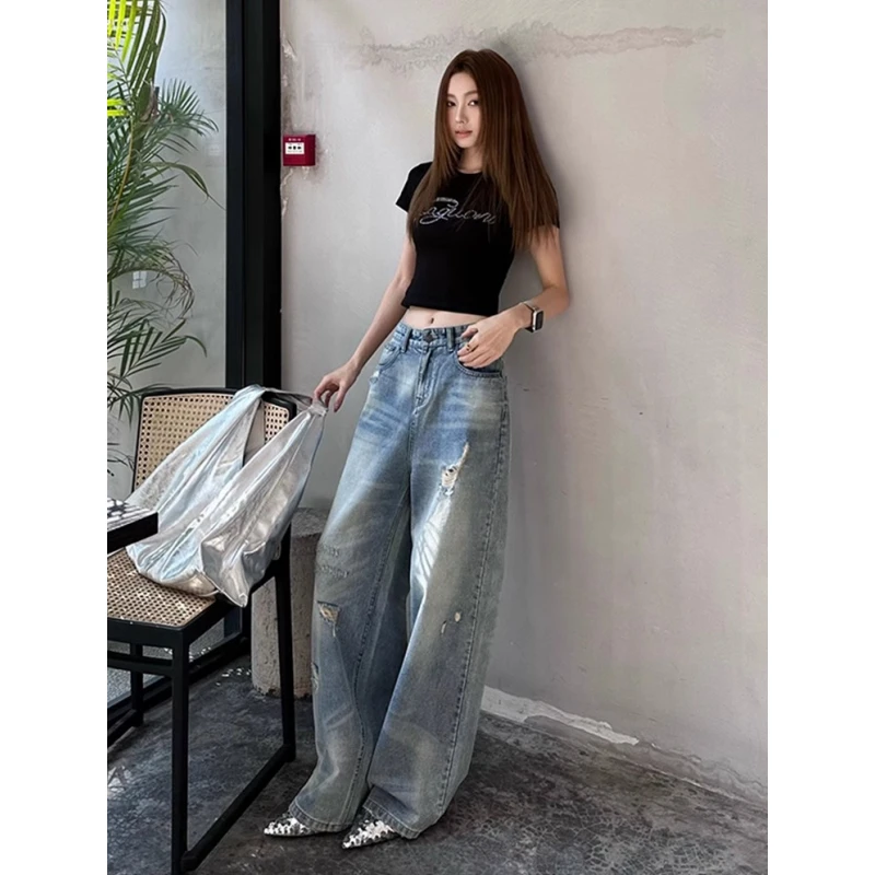高个子加长美式复古破洞牛仔裤女2025夏季直筒宽松显瘦拖地阔腿裤