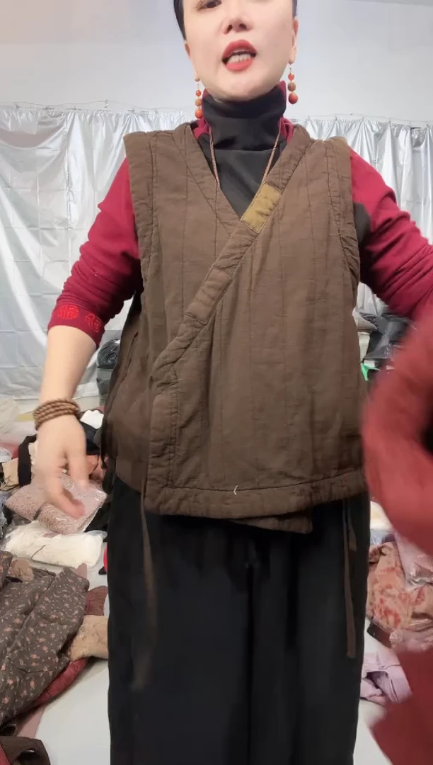 亚麻亚麻系带炒色马甲咖色