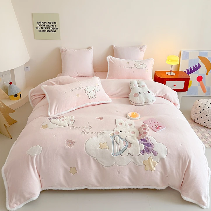 冬季牛奶绒儿童四件套冬天加绒款女童被套三件套卡通兔子床上用品