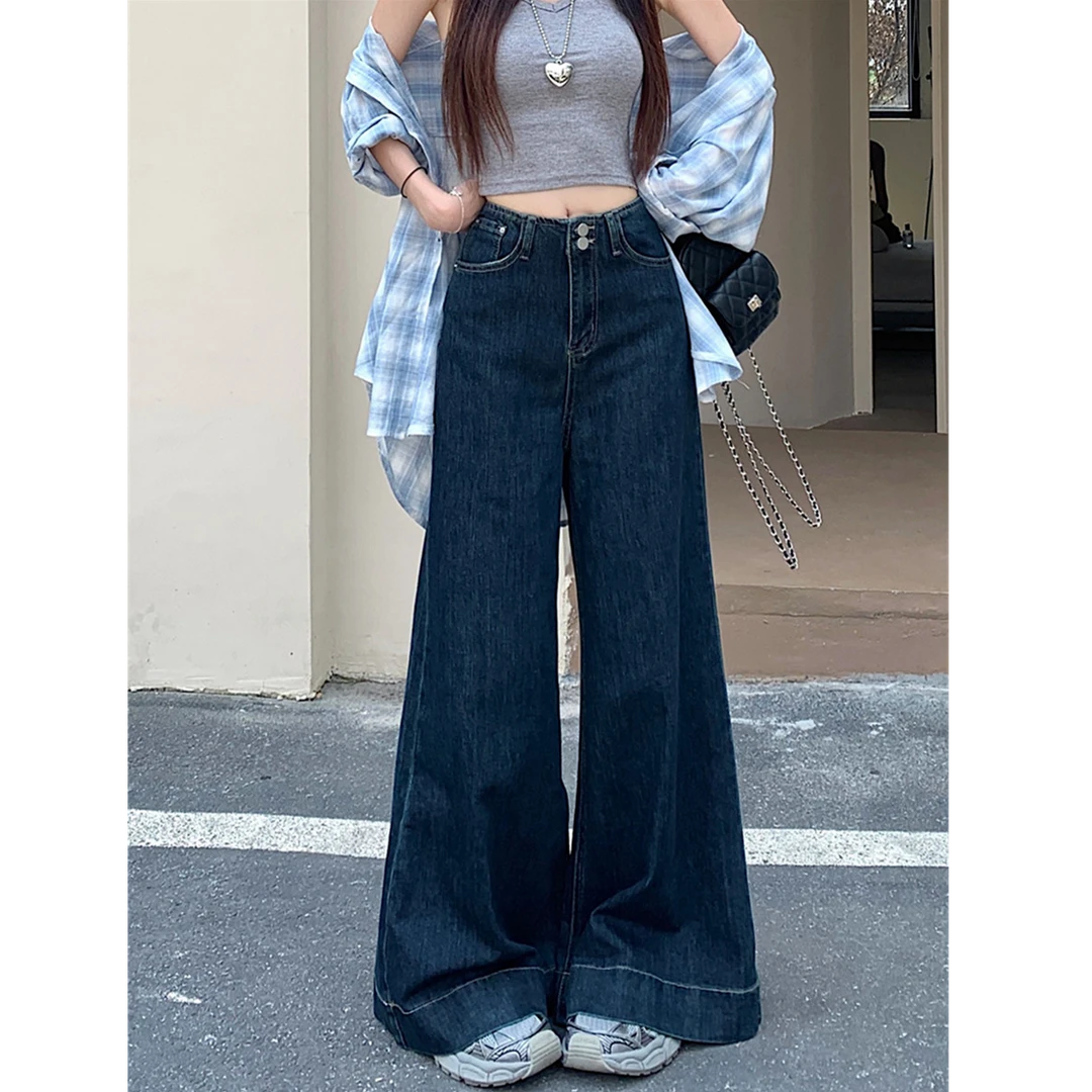 深蓝色简约设计感微喇阔腿牛仔裤女春秋新款宽松拖地裤子潮1134#