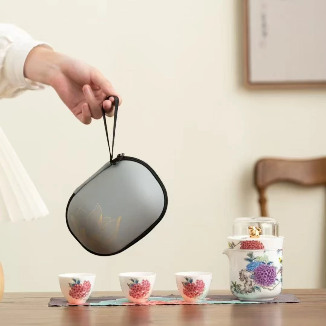 羊脂玉瓷紫色绣球花3杯旅行套装1665户外车载旅游