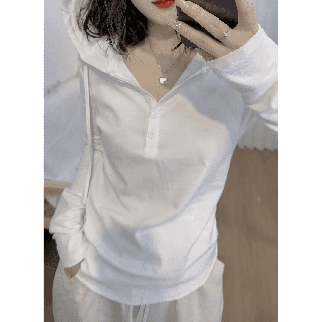 早春连帽长袖T恤女2025新款文艺范简约打底显瘦休闲宽松百搭上衣