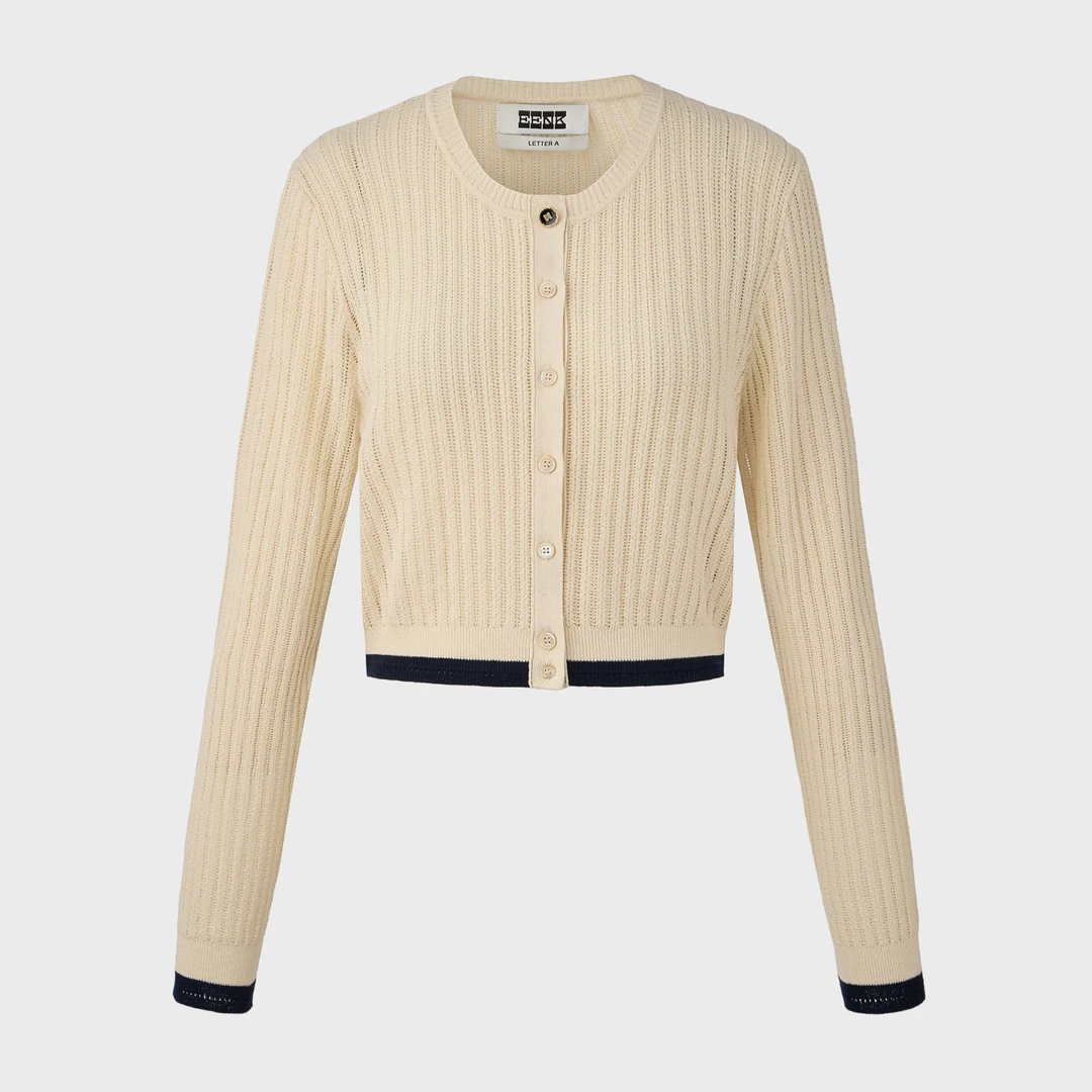 EENK 25春夏新款短款针织开衫简约通勤百搭圆领长袖上衣