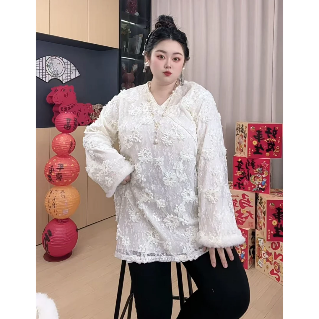 胖小旭【国风雅致】大码国风v领灯笼袖蕾丝衬衫2025宽松新中式上衣