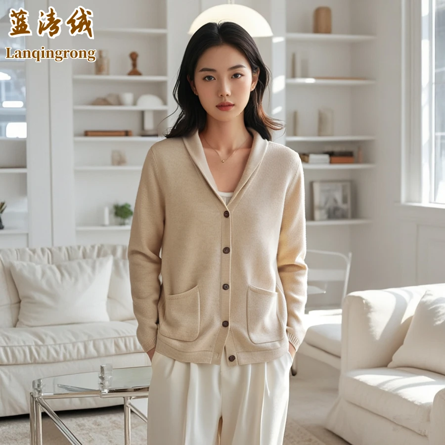 蓝清绒100%纯羊绒开衫女士高档针织外套纯色小西服领秋冬季新品