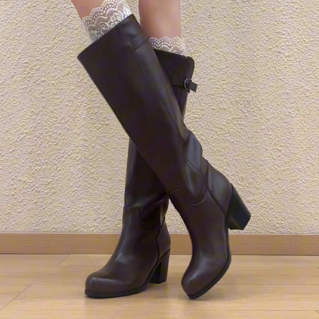 RubyL/6cm秋冬简约高级感时髦通勤百搭皮带扣圆头粗跟骑士靴女款