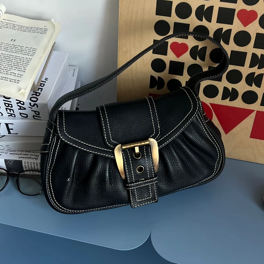 99新 Celine/思琳 经典黑色荔枝纹牛皮外缝单肩包hobo