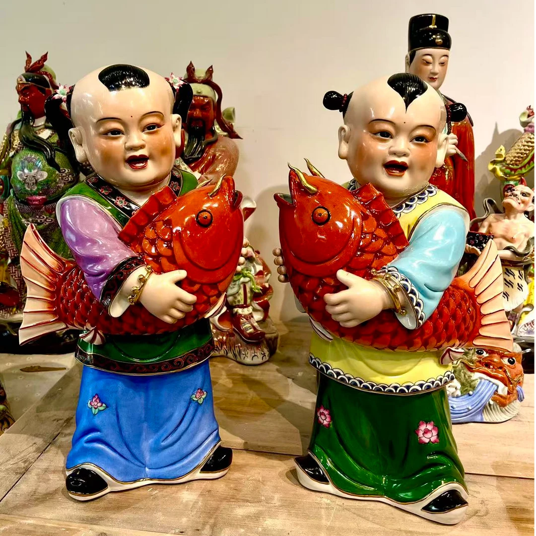 年画娃娃景德镇雕塑瓷抱鱼童子中式童趣年年有余招财吉祥纳福摆件