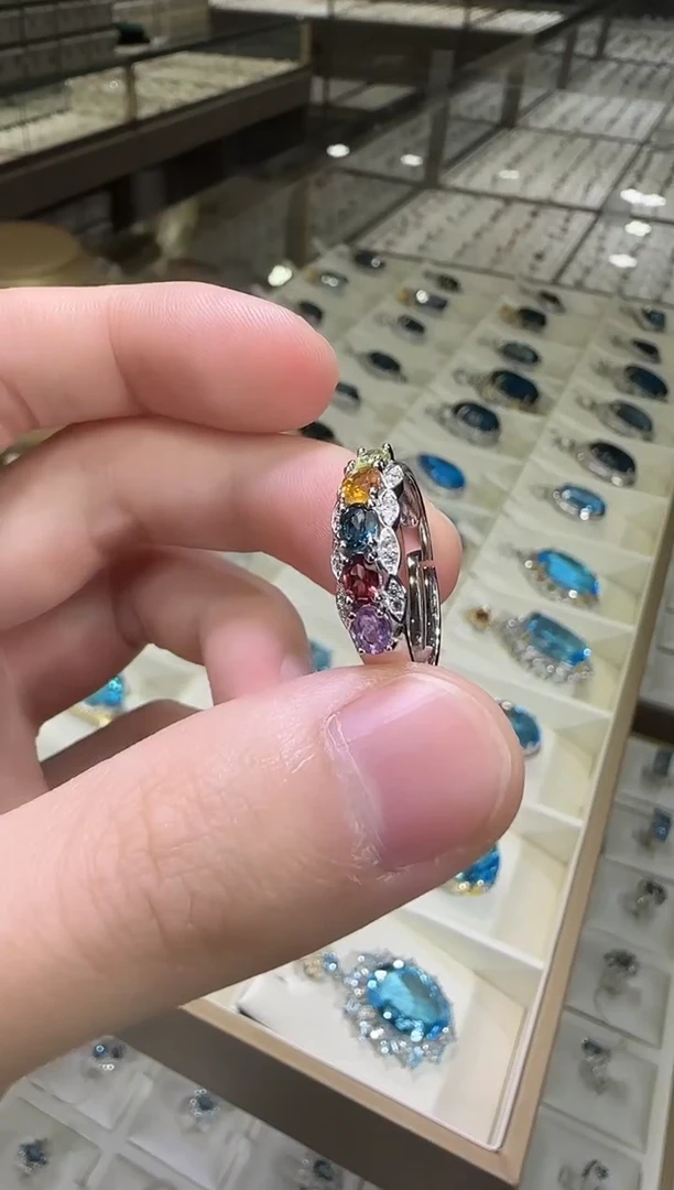 银S925镶嵌戒指水晶6mm多彩宝戒指简约款