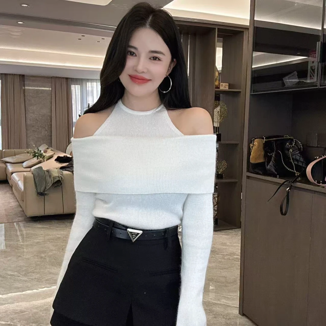 小众高端时尚气质小女人漏肩毛衣  百搭修身气质小女人漏肩毛衣