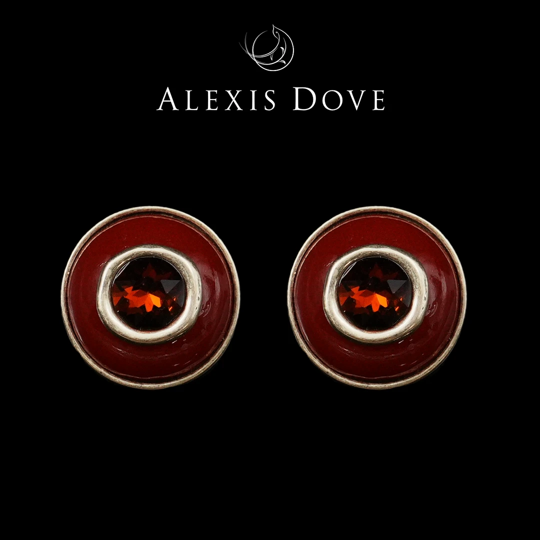 铜合金合成锆石耳饰 复古红色圆形纽扣耳钉【乐亿】