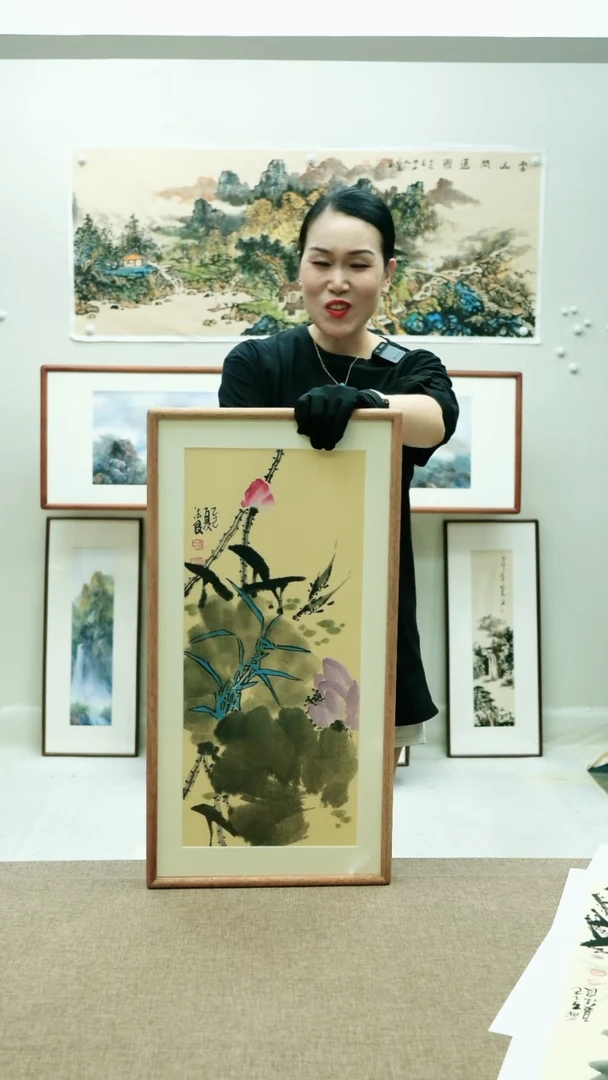 国画35*68李法良手绘花鸟带框