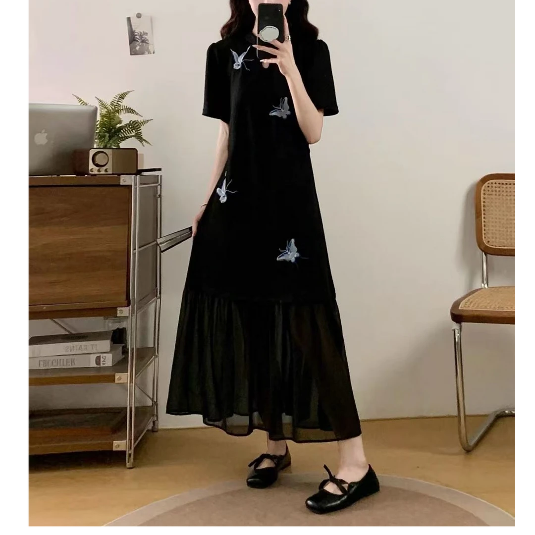 YH-129大码女装胖mm夏新款新中式国风复古旗袍连衣裙蝴蝶刺绣