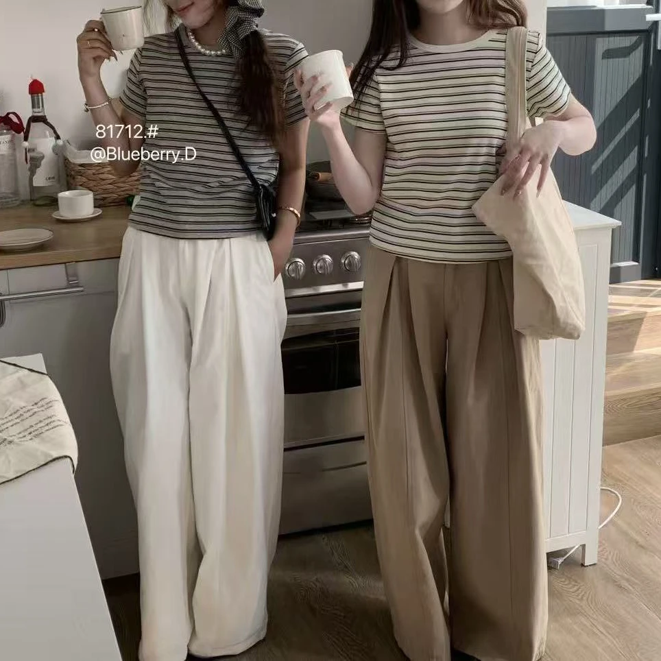 百搭休闲韩系条纹短袖T血显瘦简约