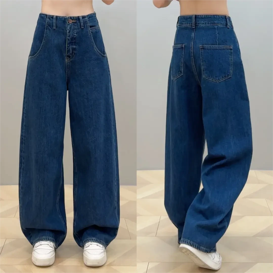 立体裁剪工艺水洗阔腿牛仔裤冬季新款加绒加厚高腰阔腿弯刀牛仔裤