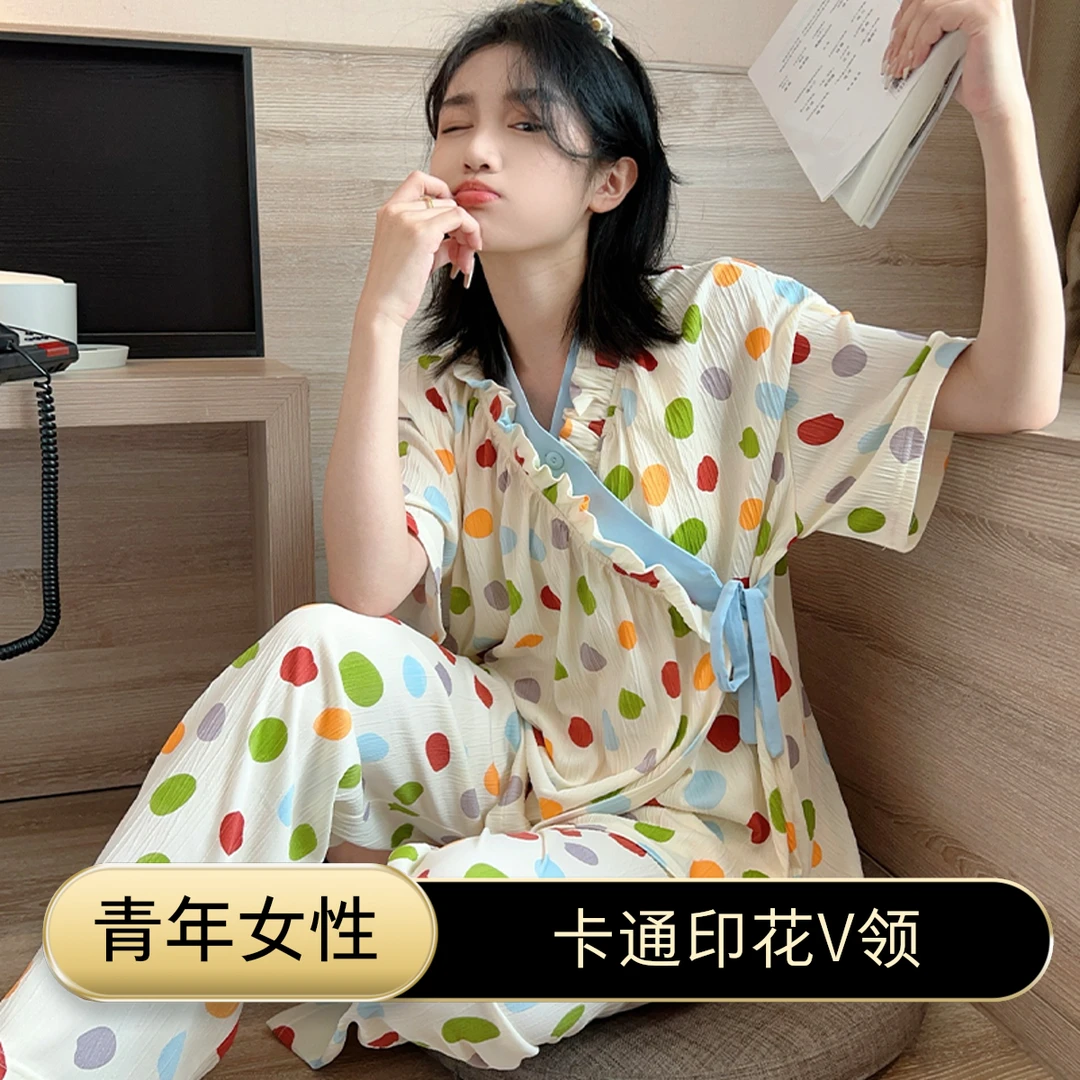 带胸垫睡衣女夏季针织棉和服V领短袖长裤甜美休闲家居服套装