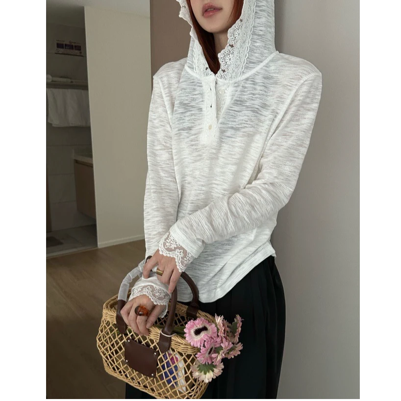 2025春夏竹节纹雪花高品蕾丝连帽长袖 T25-C10976