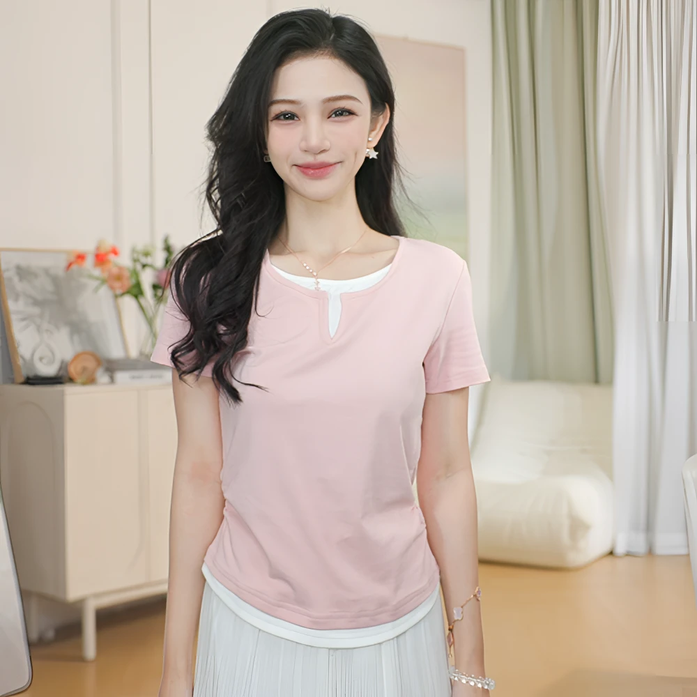 【茵曼服装】茵曼假两件抽褶收腰T恤甜美减龄上衣F18528842
