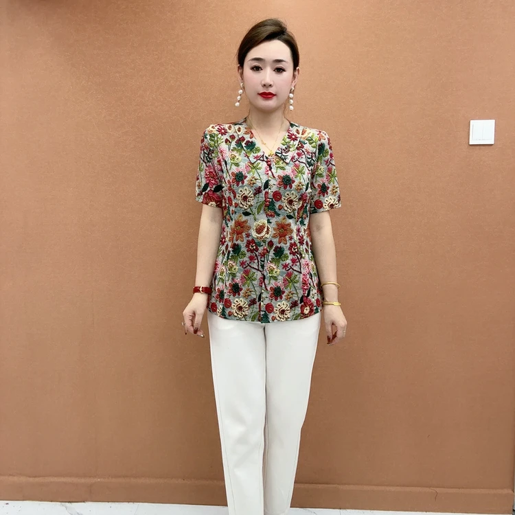 短袖花色流光风中老年60岁70岁妈妈新款夏装t恤老年上衣夏季女
