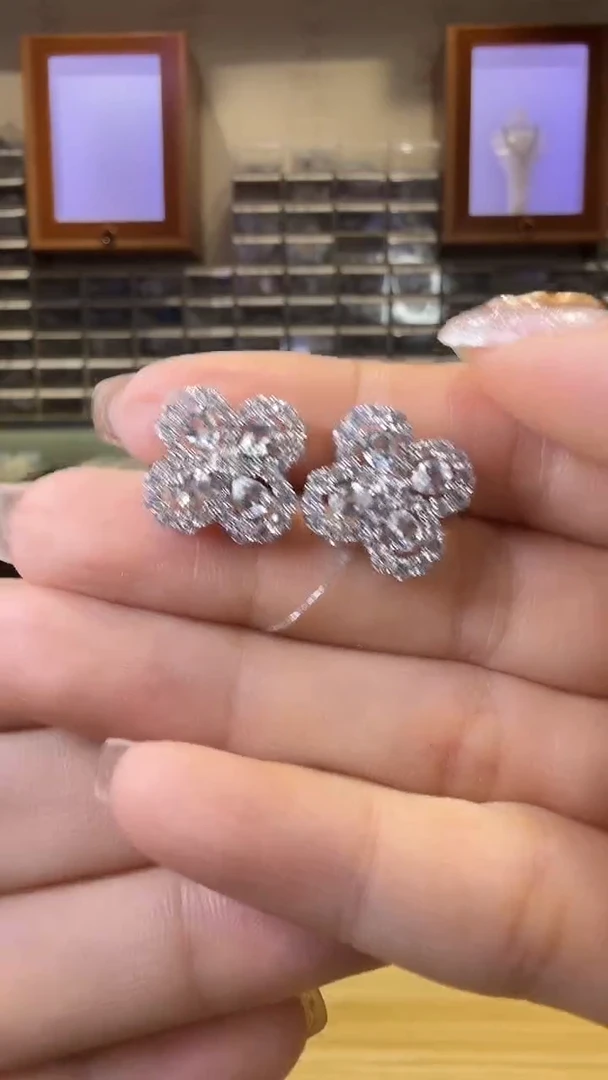 银S925镀金镶嵌耳钉定制海蓝宝石四叶草耳钉