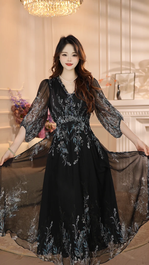 【月下花落】25年限量款名媛风优雅气质收腰高端连衣裙