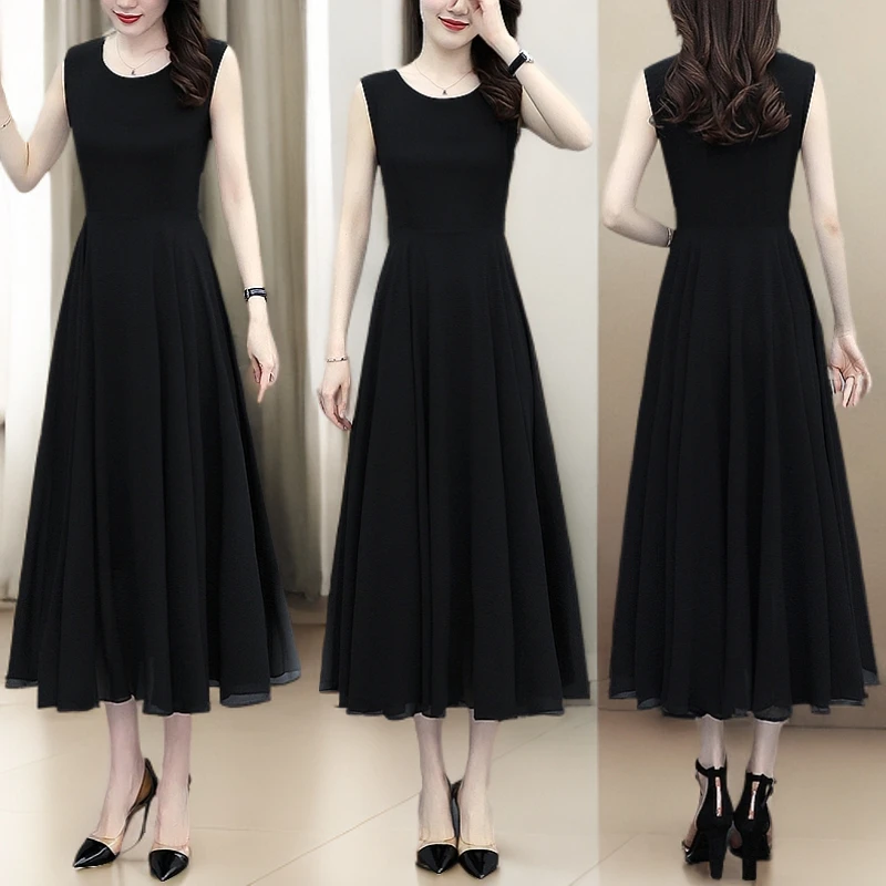 2025年夏季新款大码黑色无袖收腰显瘦气质大摆子女连衣裙