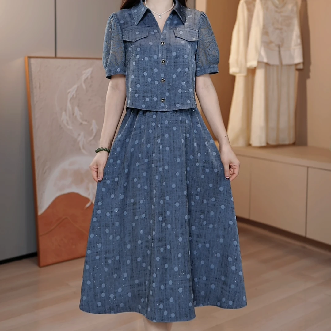 裙角秀/A198#夏季新款缎面气质连衣裙娃娃领时尚减龄短袖中长款