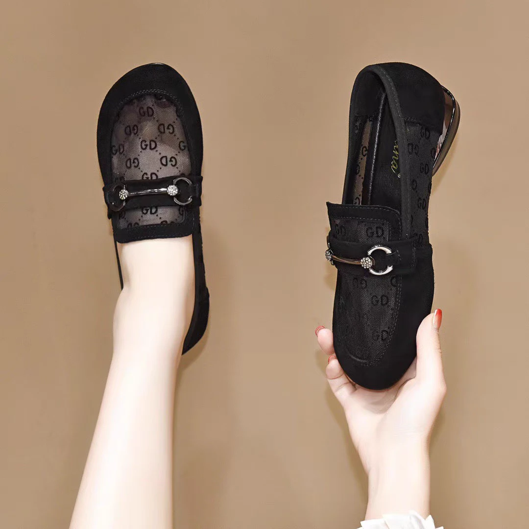 乐-7单鞋女镂空网纱女鞋2025年新款夏季低跟软底豆豆鞋透气乐福鞋