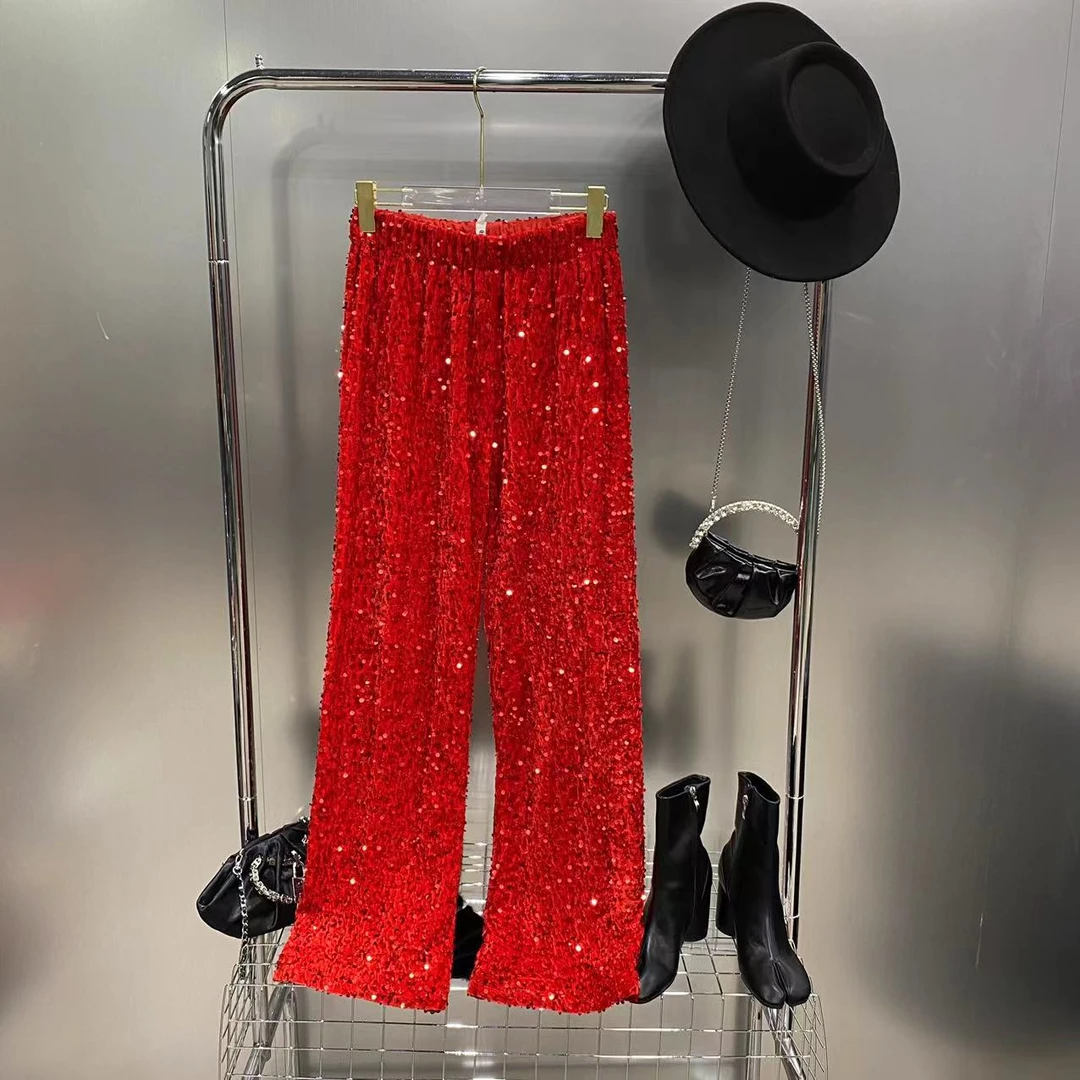 【衣多多】时尚百搭小众款重工亮片气质中高腰直筒休闲裤