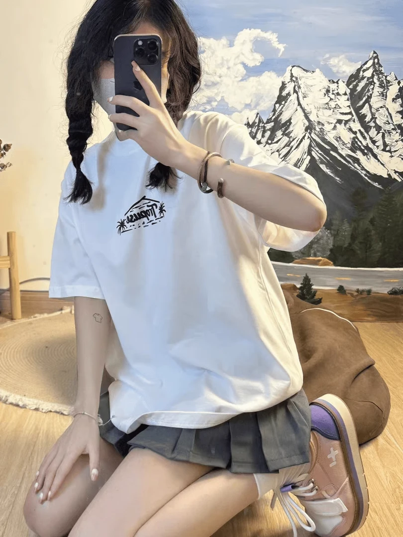 胖mm300斤甜酷少女新款短袖t恤学院风白色宽松慵懒风oversize上衣
