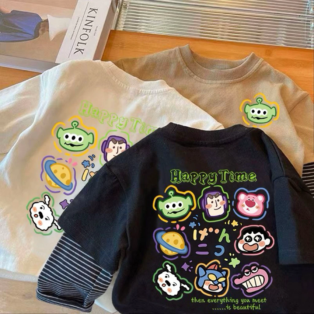 男童T恤春秋新款长袖拼接假两件儿童女上衣t圆领打底衫卡通三眼仔