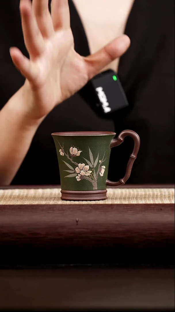 茶壶紫砂绿泥 竹节花把杯 双色