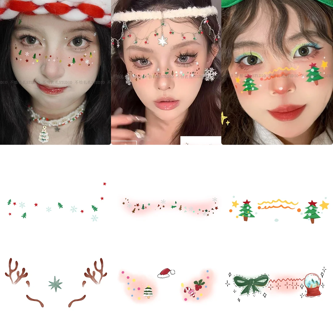 雪球鹿角圣诞树纹身贴防水圣诞节氛围感脸颊妆容cosplay脸部彩色