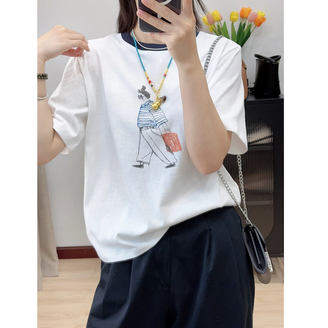 2025夏款设计感撞色领口简约卡通印花休闲宽松高品质短袖T恤女士