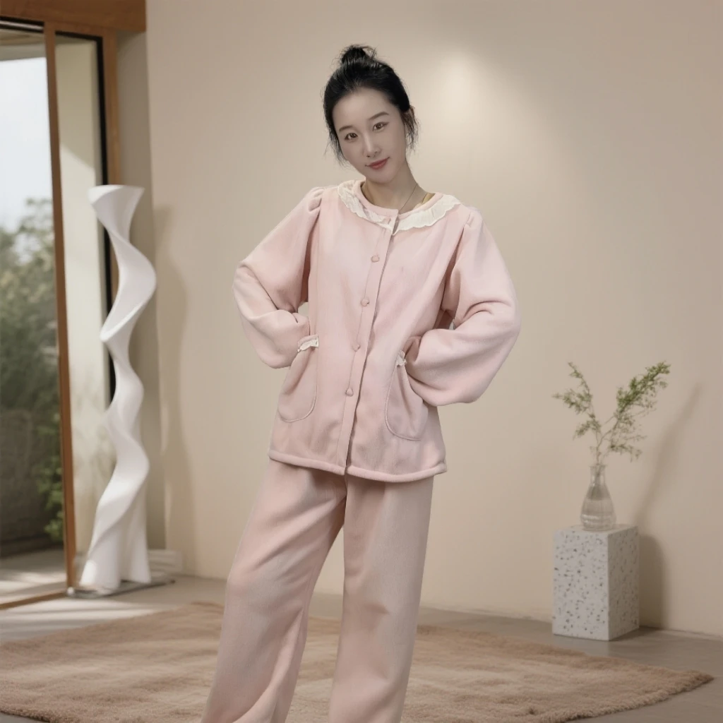女士休闲时尚长裤成人纯色长袖睡衣家居服套装秋季保暖秋冬季加厚