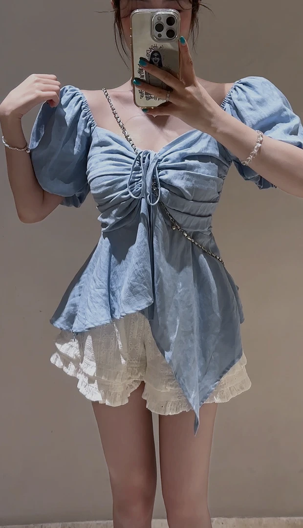 【HuiHui】韩国东大门泡泡袖系带夏季衬衫收腰短款法式纯欲（H8487）