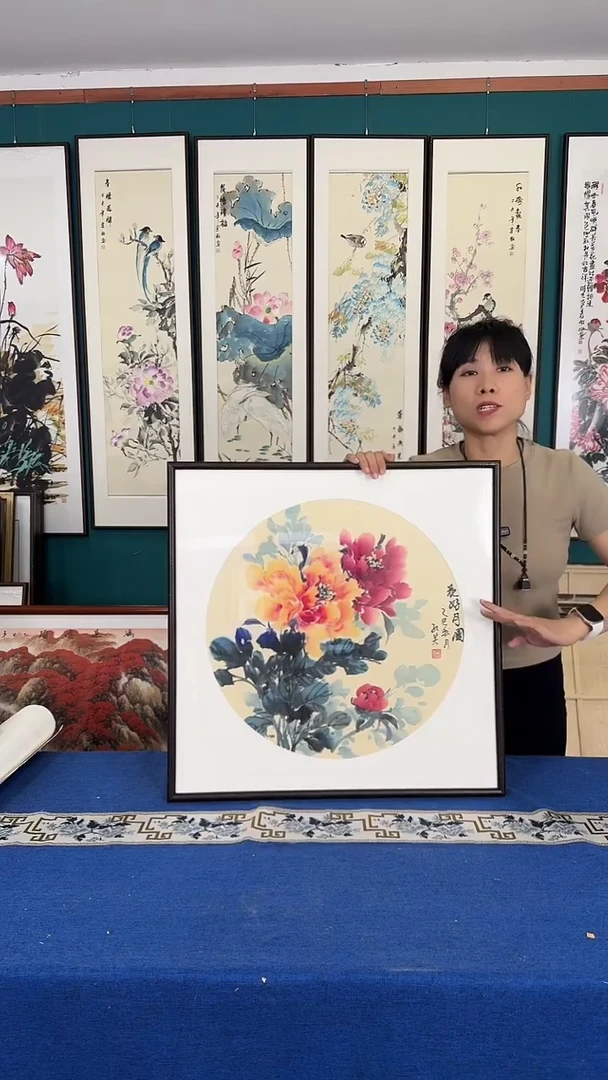 国画牡丹 实木装裱 63*63