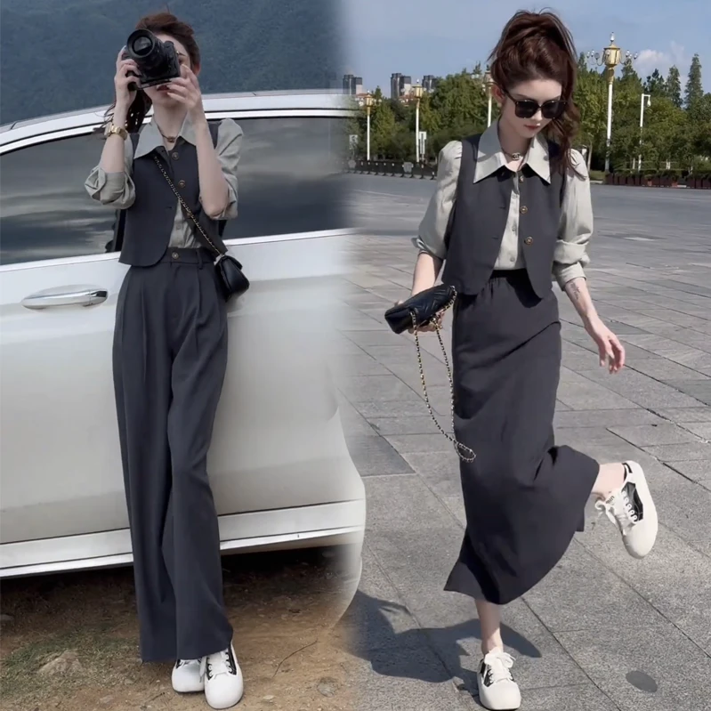 时尚套装女2025春秋新款洋气减龄衬衫马甲阔腿裤网红小香风三件套