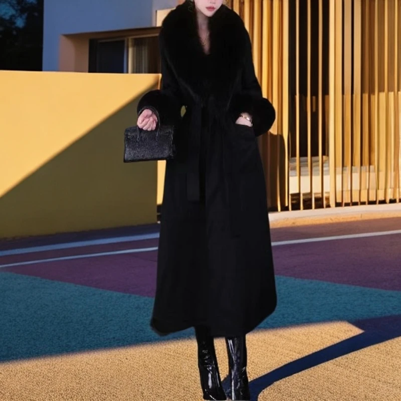 【思思专属】黑色超大狐狸毛领双面羊毛大衣修身显瘦大长款